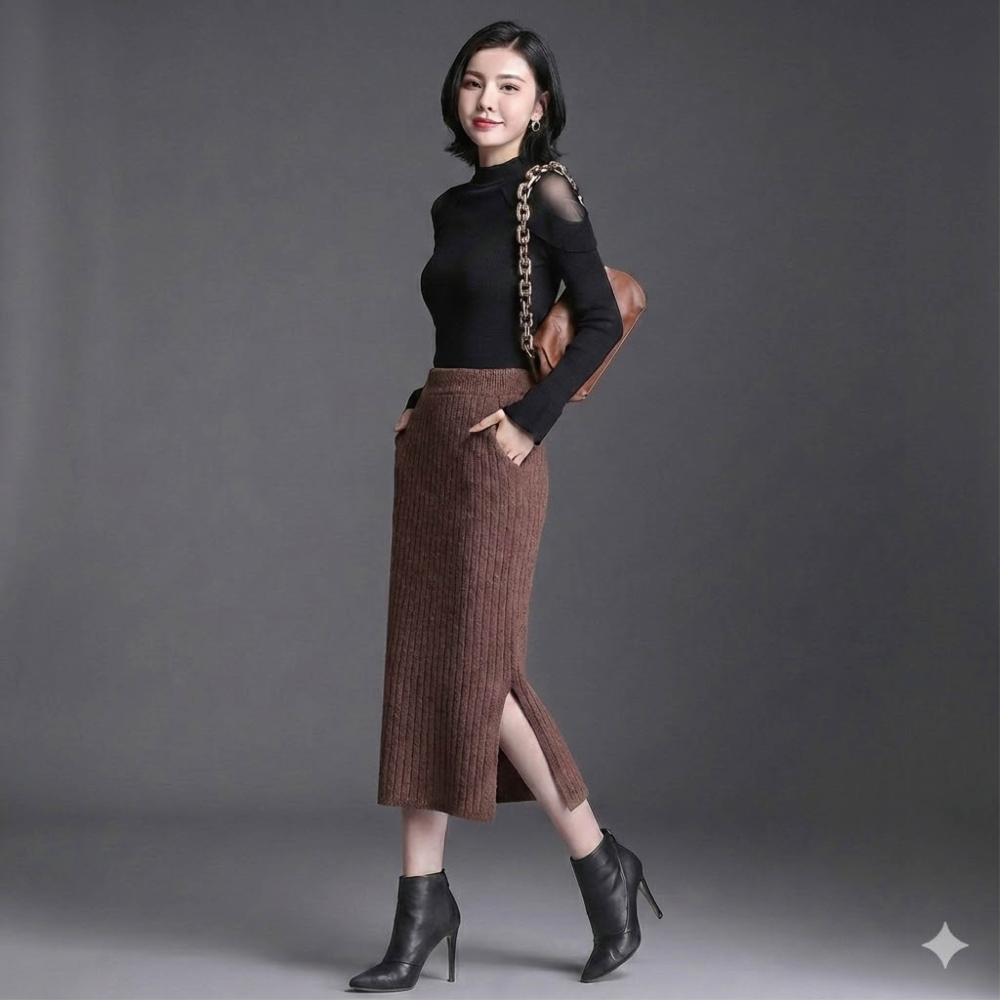 【Helena】開叉針織長裙 半身裙 針織裙 坑條毛線裙 素色韓版高腰顯瘦中長版包臀裙 裙子 女裝【C220】-細節圖8