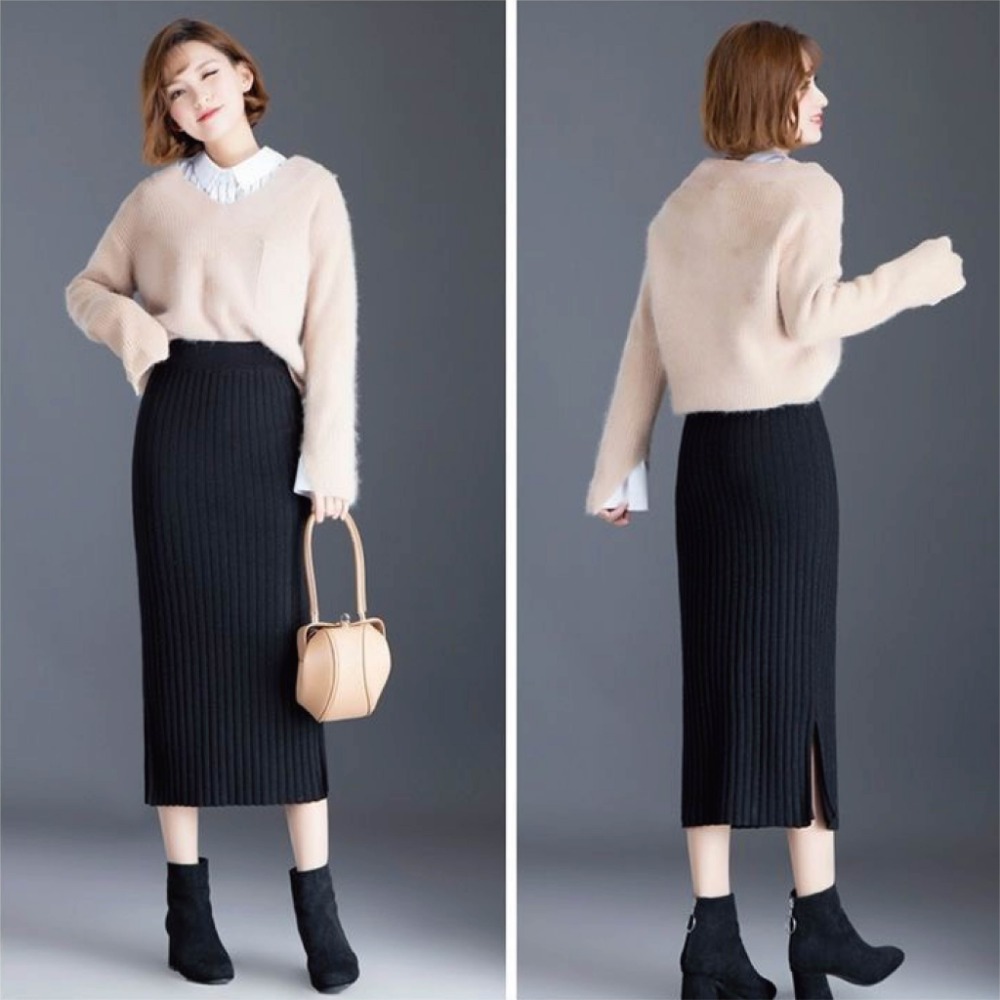 【Helena】開叉針織長裙 半身裙 針織裙 坑條毛線裙 素色韓版高腰顯瘦中長版包臀裙 裙子 女裝【C220】-規格圖9