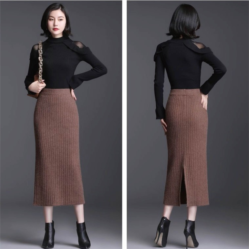 【Helena】開叉針織長裙 半身裙 針織裙 坑條毛線裙 素色韓版高腰顯瘦中長版包臀裙 裙子 女裝【C220】-規格圖9