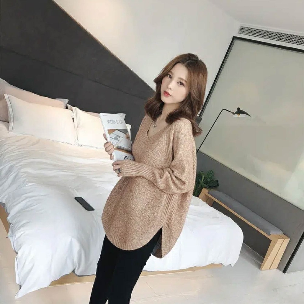 【海麗娜】V領針織上衣 毛衣 針織衫 長袖上衣 慵懶風韓版素色寬鬆顯瘦百搭休閒打底衫 上衣女【A274】-細節圖2