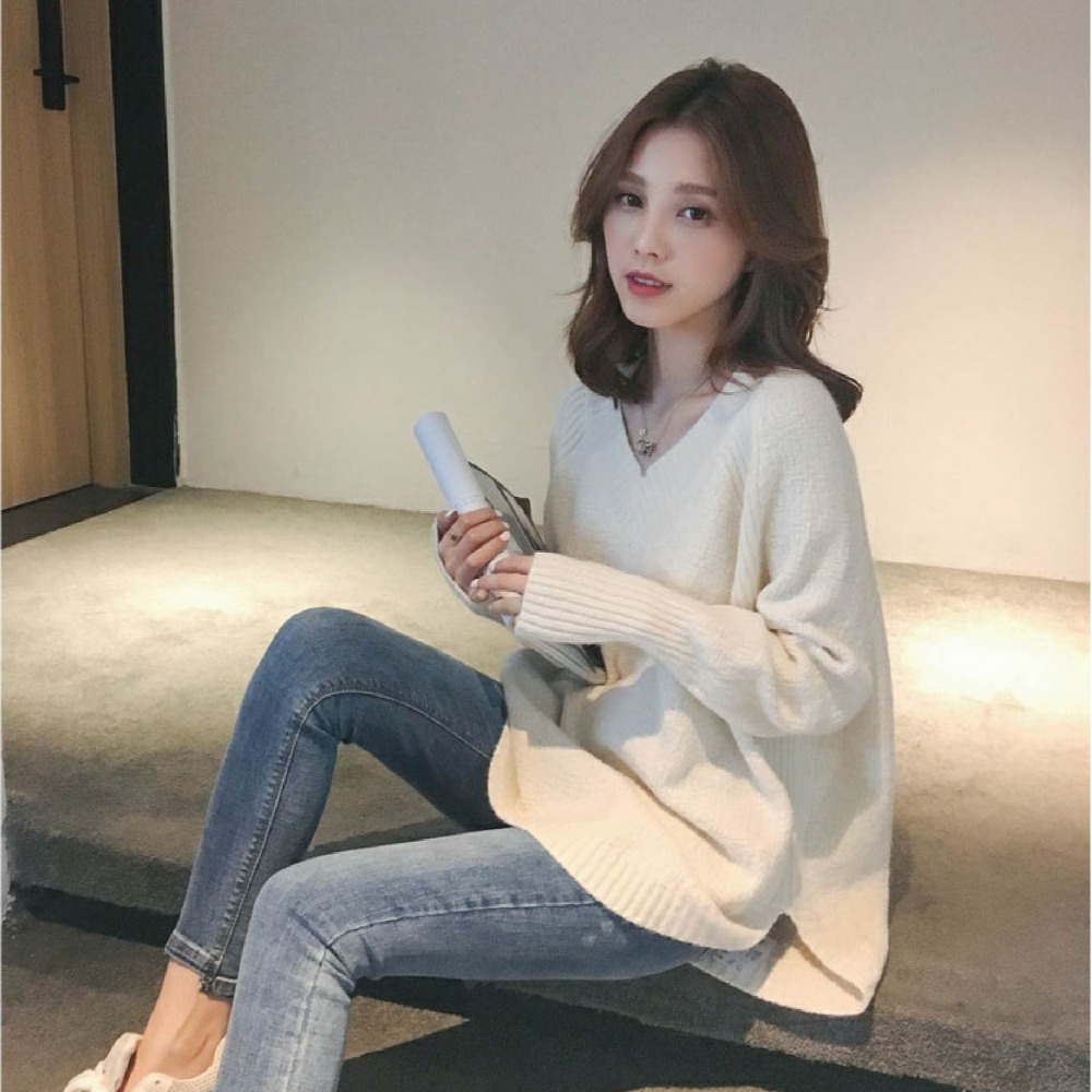 【海麗娜】V領針織上衣 毛衣 針織衫 長袖上衣 慵懶風韓版素色寬鬆顯瘦百搭休閒打底衫 上衣女【A274】-細節圖6