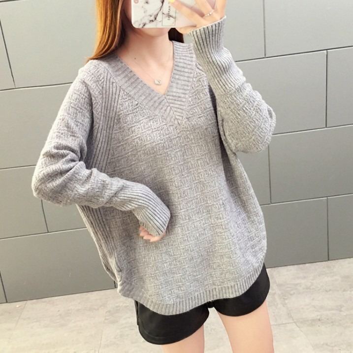 【海麗娜】V領針織上衣 毛衣 針織衫 長袖上衣 慵懶風韓版素色寬鬆顯瘦百搭休閒打底衫 上衣女【A274】-規格圖8