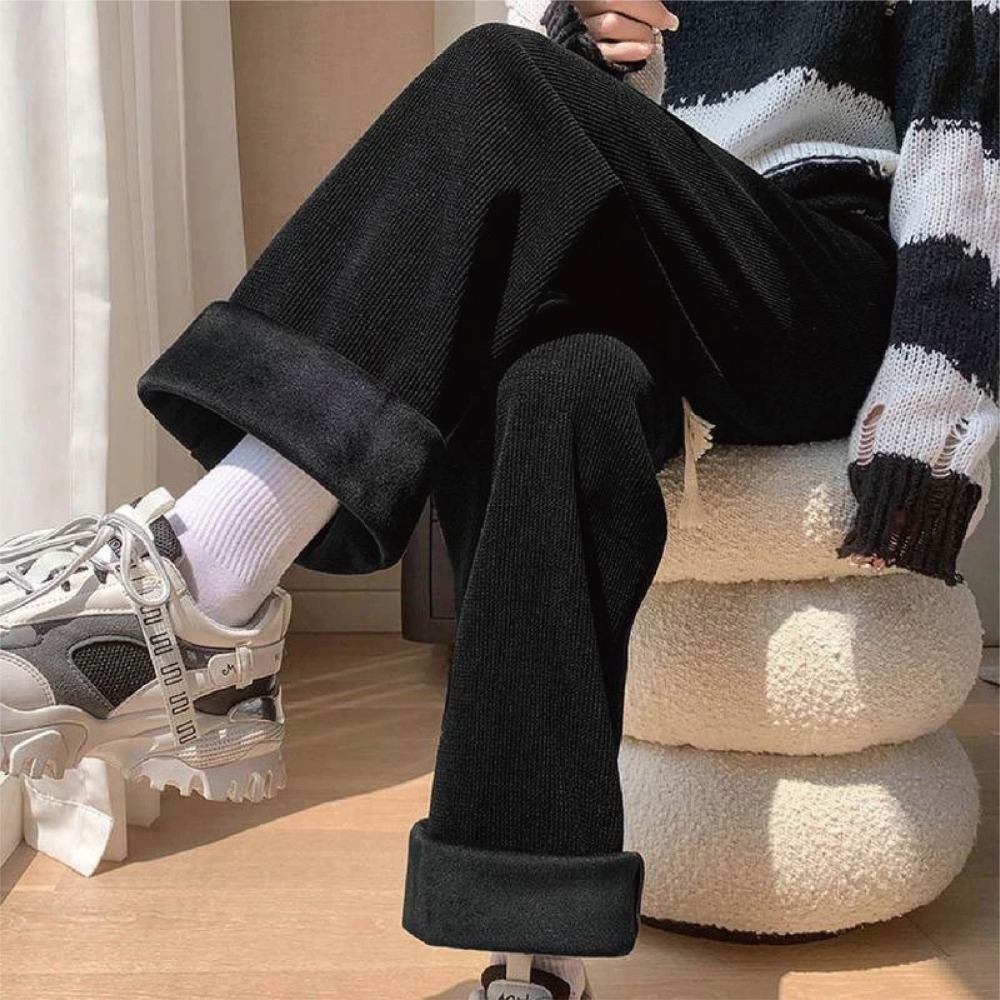 【Helena】燈芯絨加絨闊腿褲 拖地褲 直筒褲 運動褲 素色韓版秋冬高腰顯腿長百搭休閒褲 長褲  長褲女【C210】-細節圖2