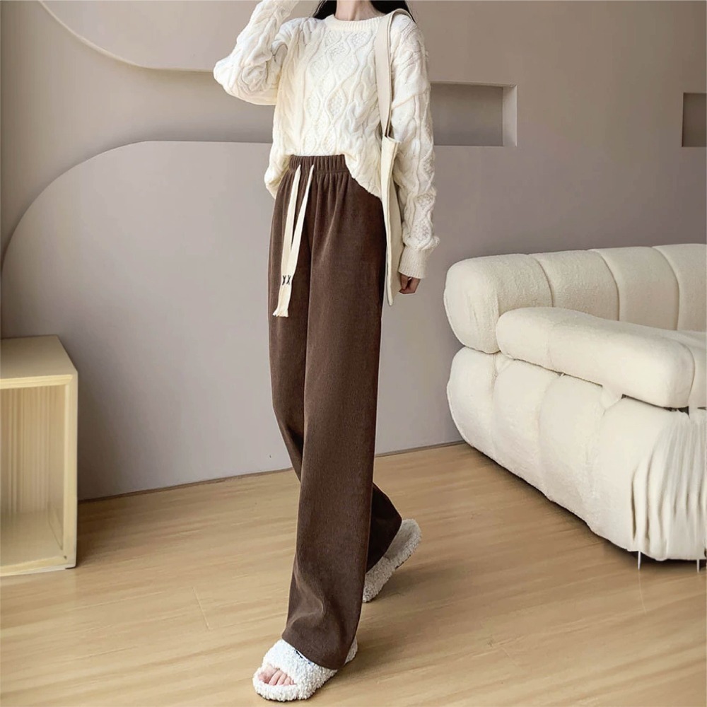 【Helena】燈芯絨加絨闊腿褲 拖地褲 直筒褲 運動褲 素色韓版秋冬高腰顯腿長百搭休閒褲 長褲  長褲女【C210】-細節圖3