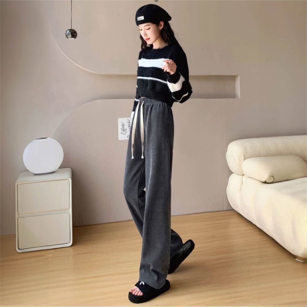 【Helena】燈芯絨加絨闊腿褲 拖地褲 直筒褲 運動褲 素色韓版秋冬高腰顯腿長百搭休閒褲 長褲  長褲女【C210】-細節圖5