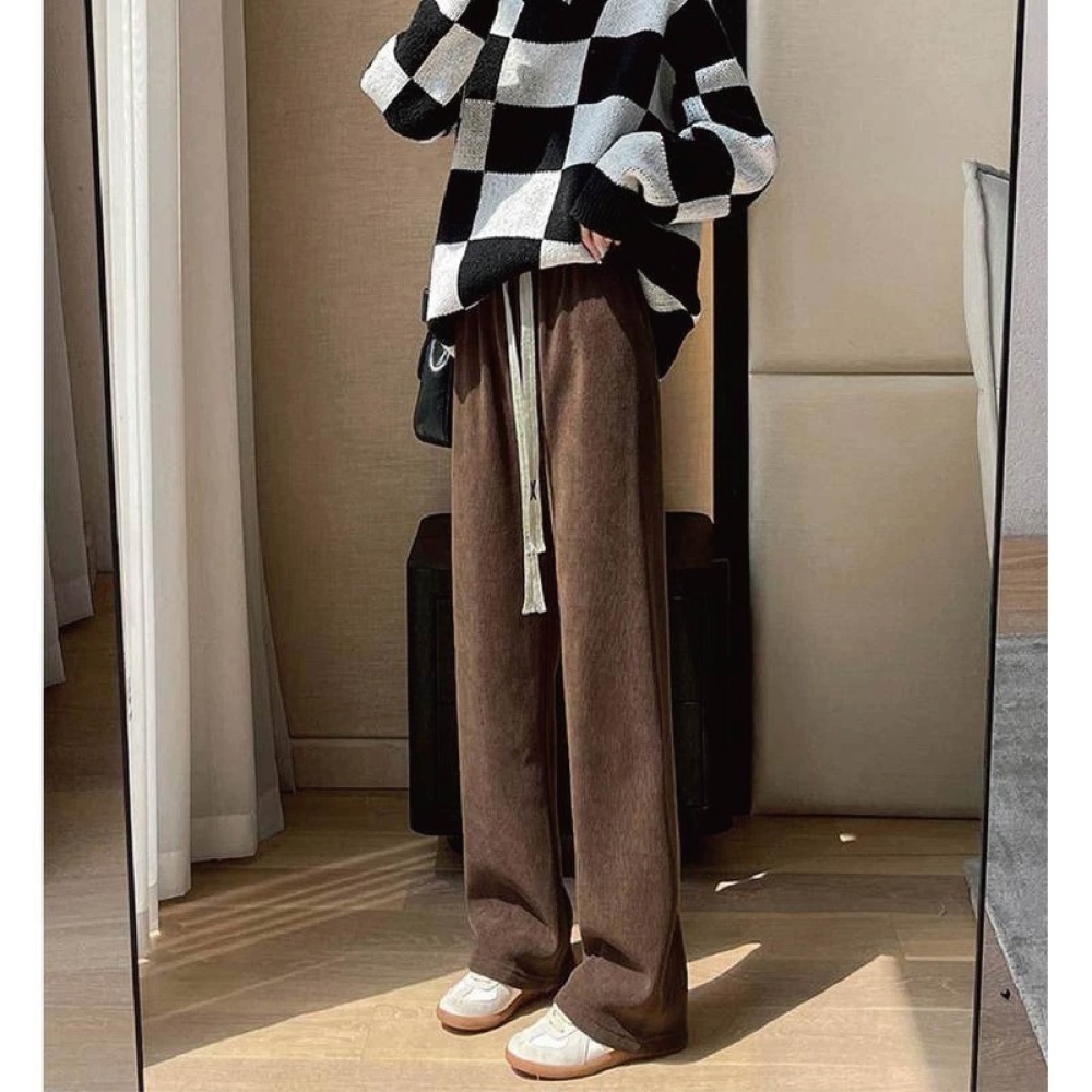 【Helena】燈芯絨加絨闊腿褲 拖地褲 直筒褲 運動褲 素色韓版秋冬高腰顯腿長百搭休閒褲 長褲  長褲女【C210】-細節圖7