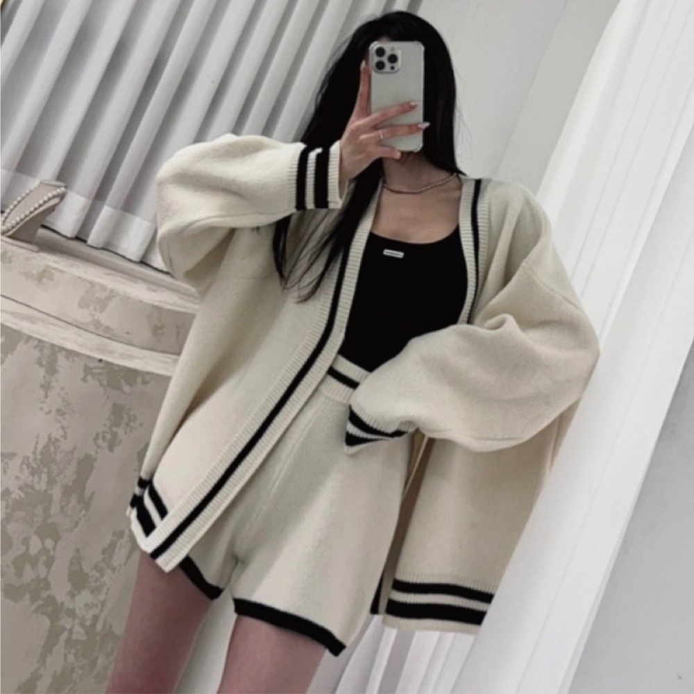 【Helena】配色針織套裝 拉鍊毛衣外套 軟糯針織 學院慵懶風滾邊開衫毛衣短褲套裝 運動套裝 女裝【A2206】-細節圖8