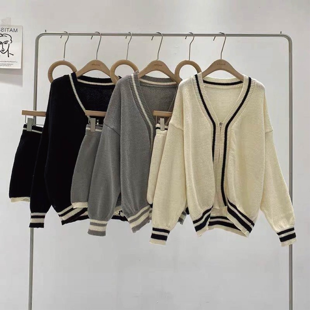 【Helena】配色針織套裝 拉鍊毛衣外套 軟糯針織 學院慵懶風滾邊開衫毛衣短褲套裝 運動套裝 女裝【A2206】-細節圖9