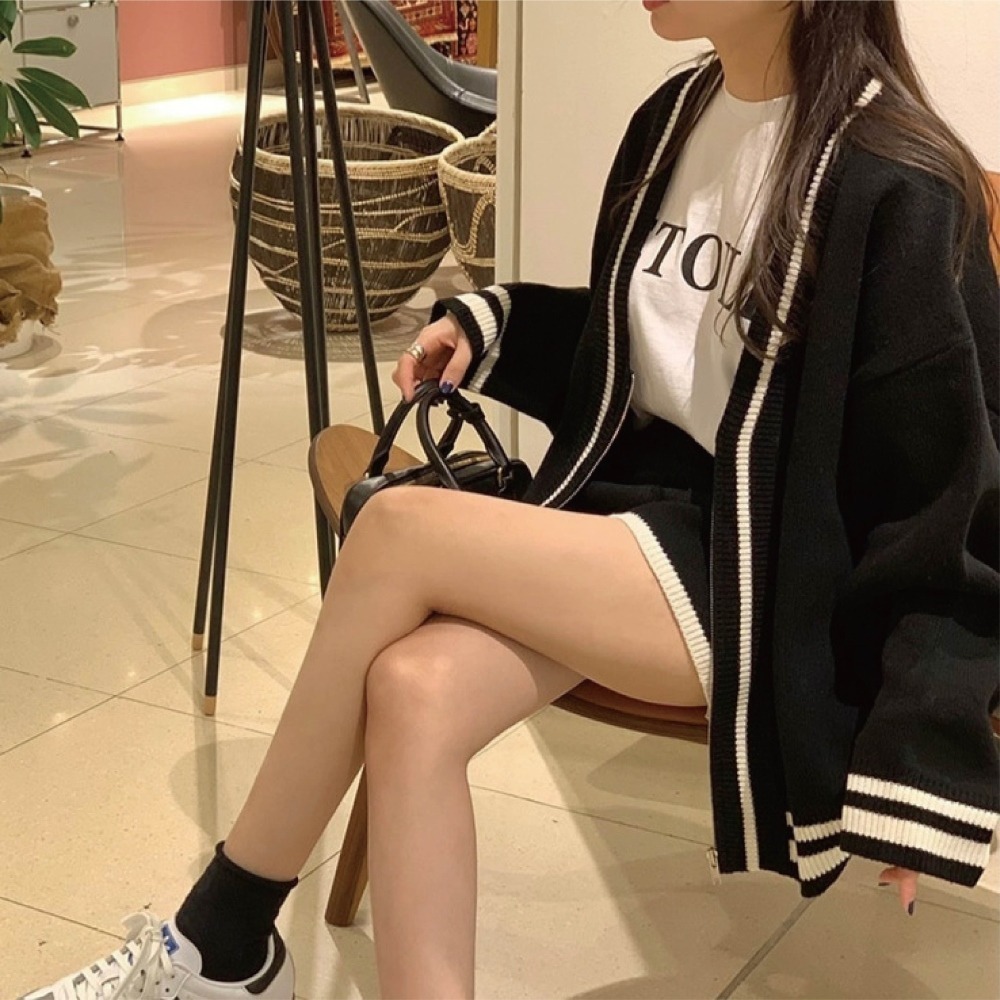 【Helena】配色針織套裝 拉鍊毛衣外套 軟糯針織 學院慵懶風滾邊開衫毛衣短褲套裝 運動套裝 女裝【A2206】-細節圖3