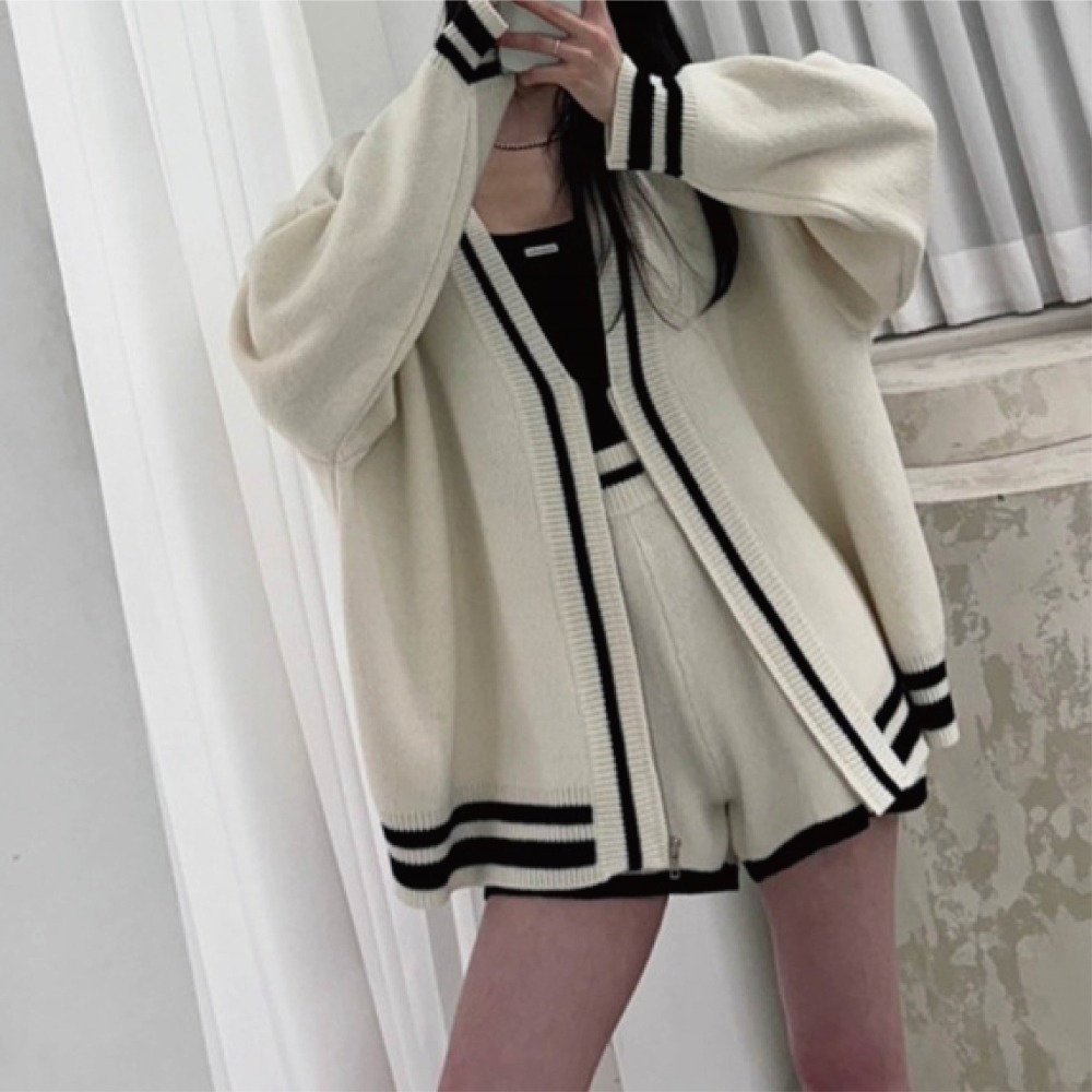 【Helena】配色針織套裝 拉鍊毛衣外套 軟糯針織 學院慵懶風滾邊開衫毛衣短褲套裝 運動套裝 女裝【A2206】-細節圖2