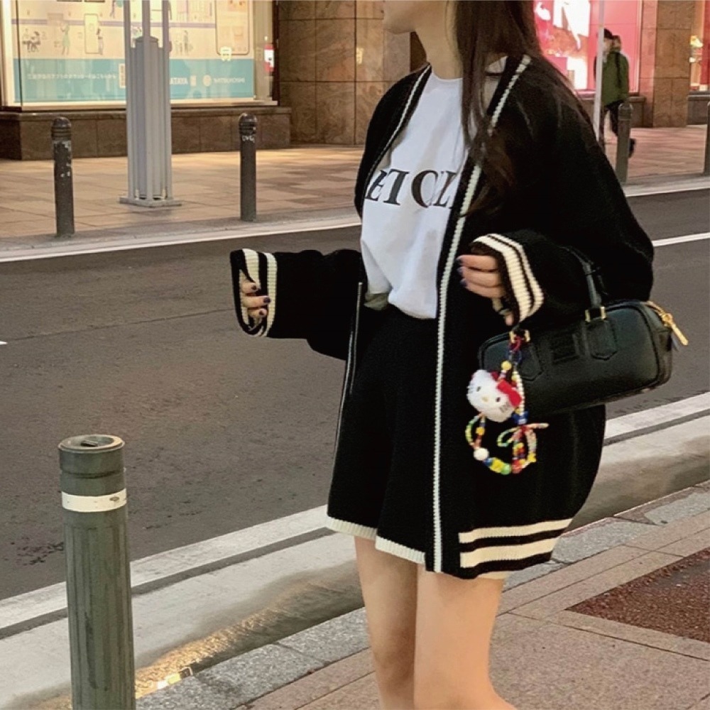 【Helena】配色針織套裝 拉鍊毛衣外套 軟糯針織 學院慵懶風滾邊開衫毛衣短褲套裝 運動套裝 女裝【A2206】-細節圖6