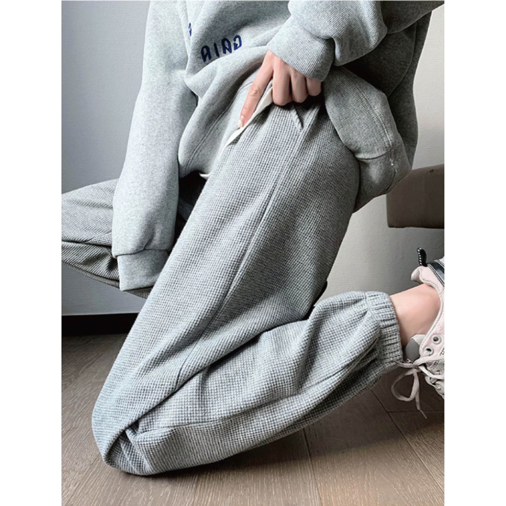 【Helena】華夫格抽繩運動褲 寬鬆束腳褲 純色高腰顯瘦休閒衛褲 簡約直筒褲 燈籠褲 長褲 褲子女【C1227】-細節圖2