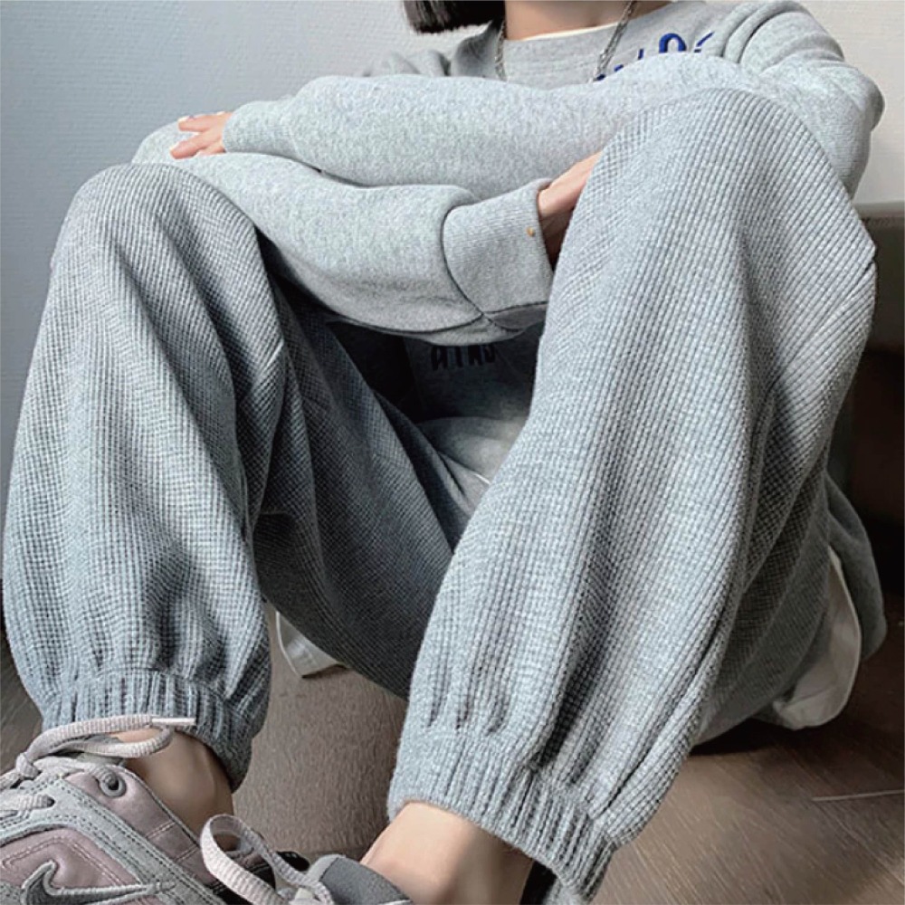 【Helena】華夫格抽繩運動褲 寬鬆束腳褲 純色高腰顯瘦休閒衛褲 簡約直筒褲 燈籠褲 長褲 褲子女【C1227】-細節圖3