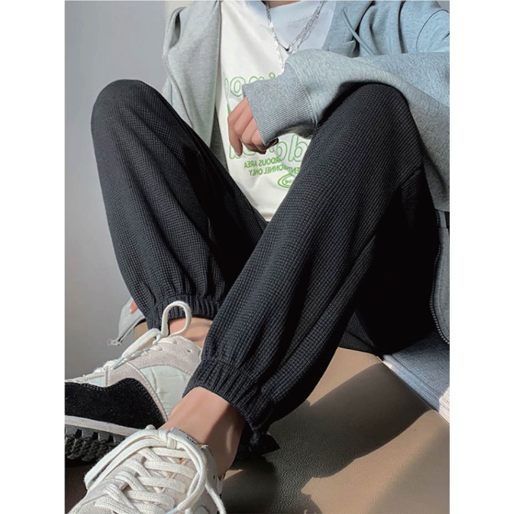 【Helena】華夫格抽繩運動褲 寬鬆束腳褲 純色高腰顯瘦休閒衛褲 簡約直筒褲 燈籠褲 長褲 褲子女【C1227】-細節圖4