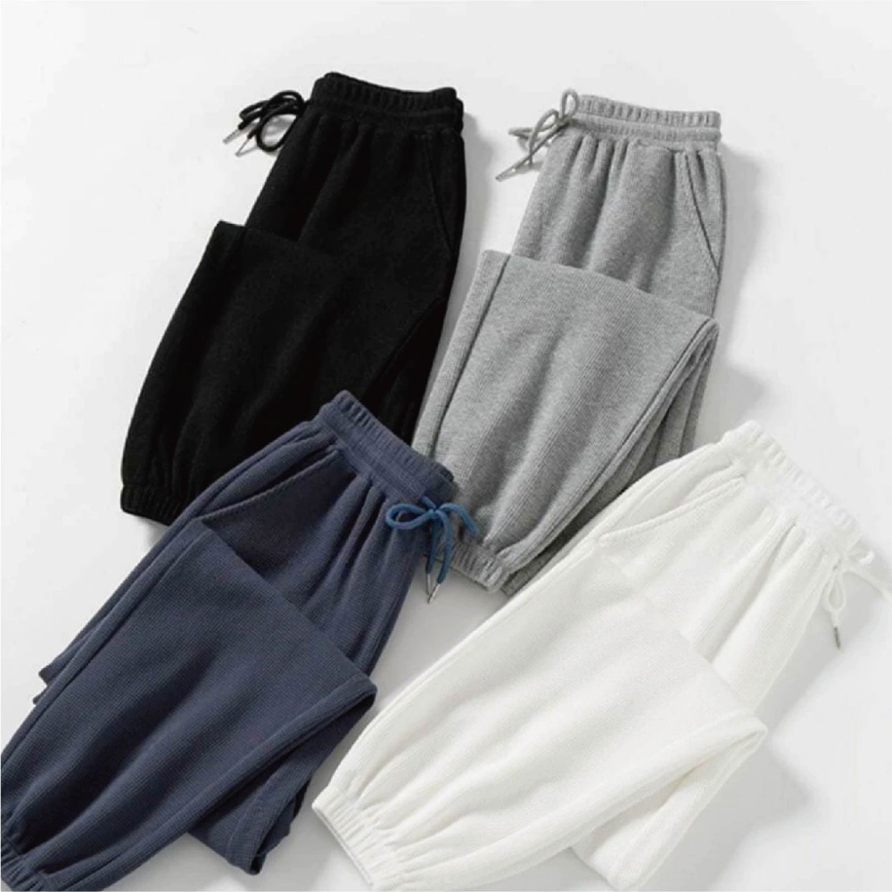 【Helena】華夫格抽繩運動褲 寬鬆束腳褲 純色高腰顯瘦休閒衛褲 簡約直筒褲 燈籠褲 長褲 褲子女【C1227】-細節圖7