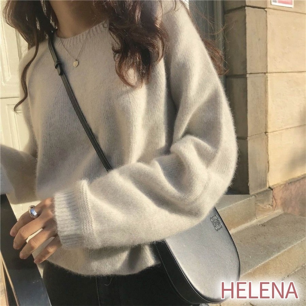 【限時購】【海麗娜】韓版慵懶風寬鬆圓領毛衣 針織上衣 長袖上衣 素T 大碼中長款下擺顯瘦百搭針織衫上衣 【A2160】-細節圖2