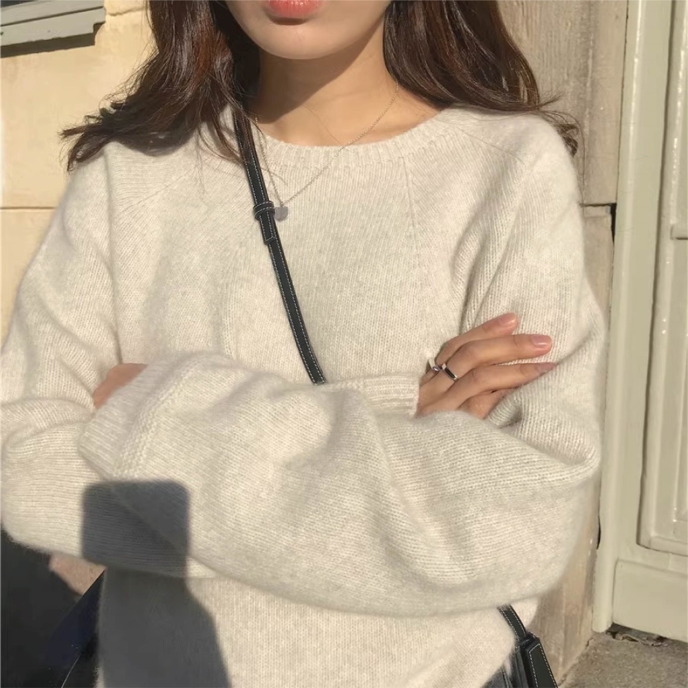 【限時購】【海麗娜】韓版慵懶風寬鬆圓領毛衣 針織上衣 長袖上衣 素T 大碼中長款下擺顯瘦百搭針織衫上衣 【A2160】-細節圖3