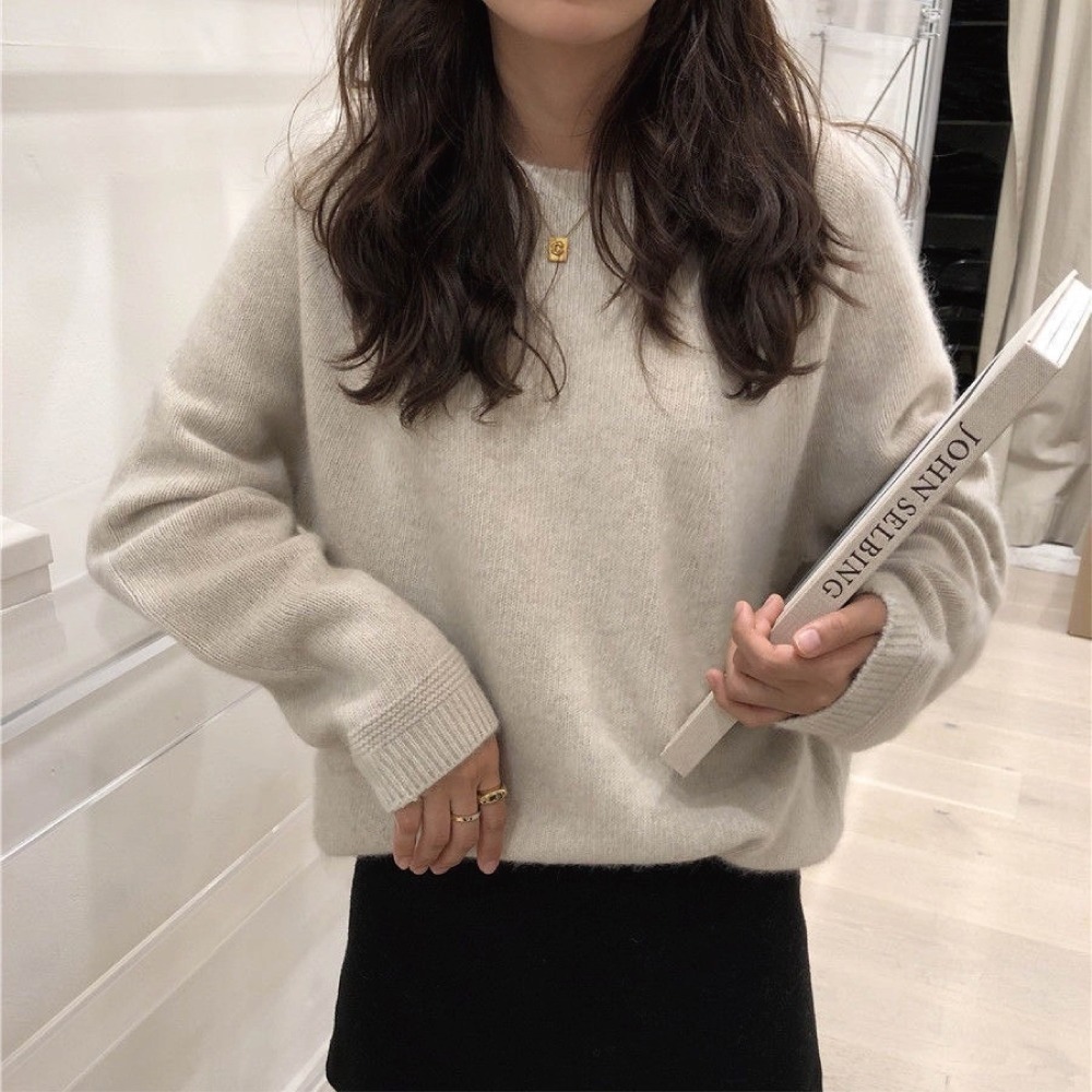 【限時購】【海麗娜】韓版慵懶風寬鬆圓領毛衣 針織上衣 長袖上衣 素T 大碼中長款下擺顯瘦百搭針織衫上衣 【A2160】-細節圖8