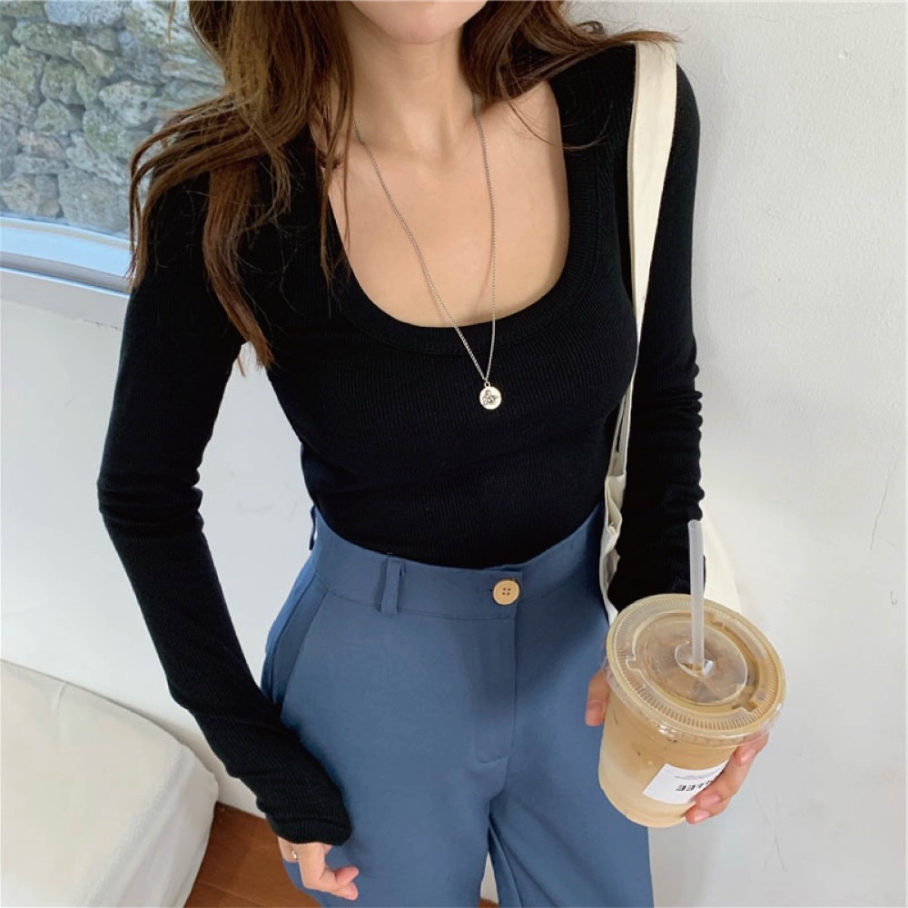 【Helena】大U領上衣 長袖上衣 長袖T恤 短版上衣 清新甜美運動風性感修身短款百搭打底衫 上衣女【A249】-細節圖6