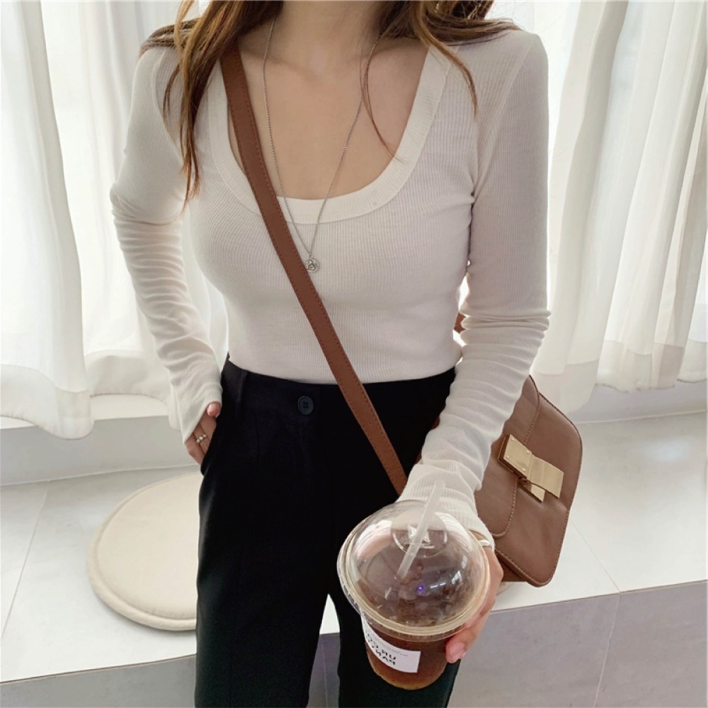 【Helena】大U領上衣 長袖上衣 長袖T恤 短版上衣 清新甜美運動風性感修身短款百搭打底衫 上衣女【A249】-細節圖7