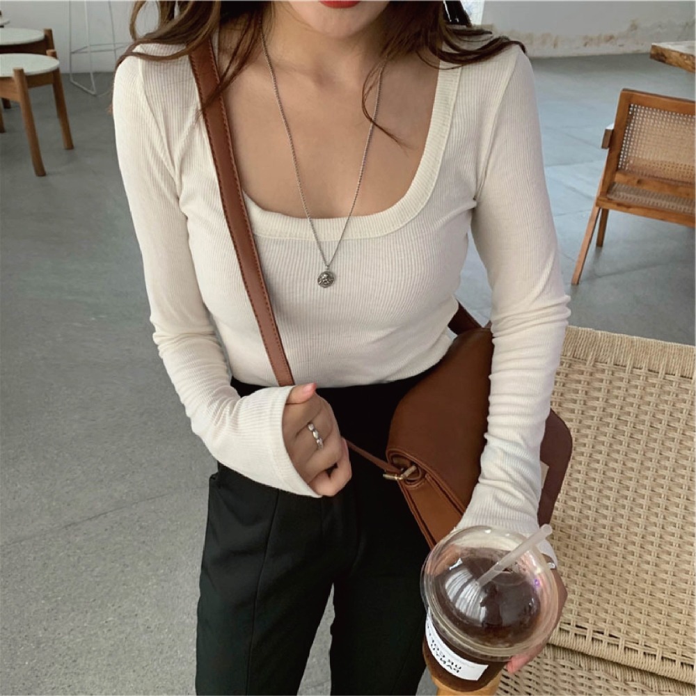 【Helena】大U領上衣 長袖上衣 長袖T恤 短版上衣 清新甜美運動風性感修身短款百搭打底衫 上衣女【A249】-規格圖7