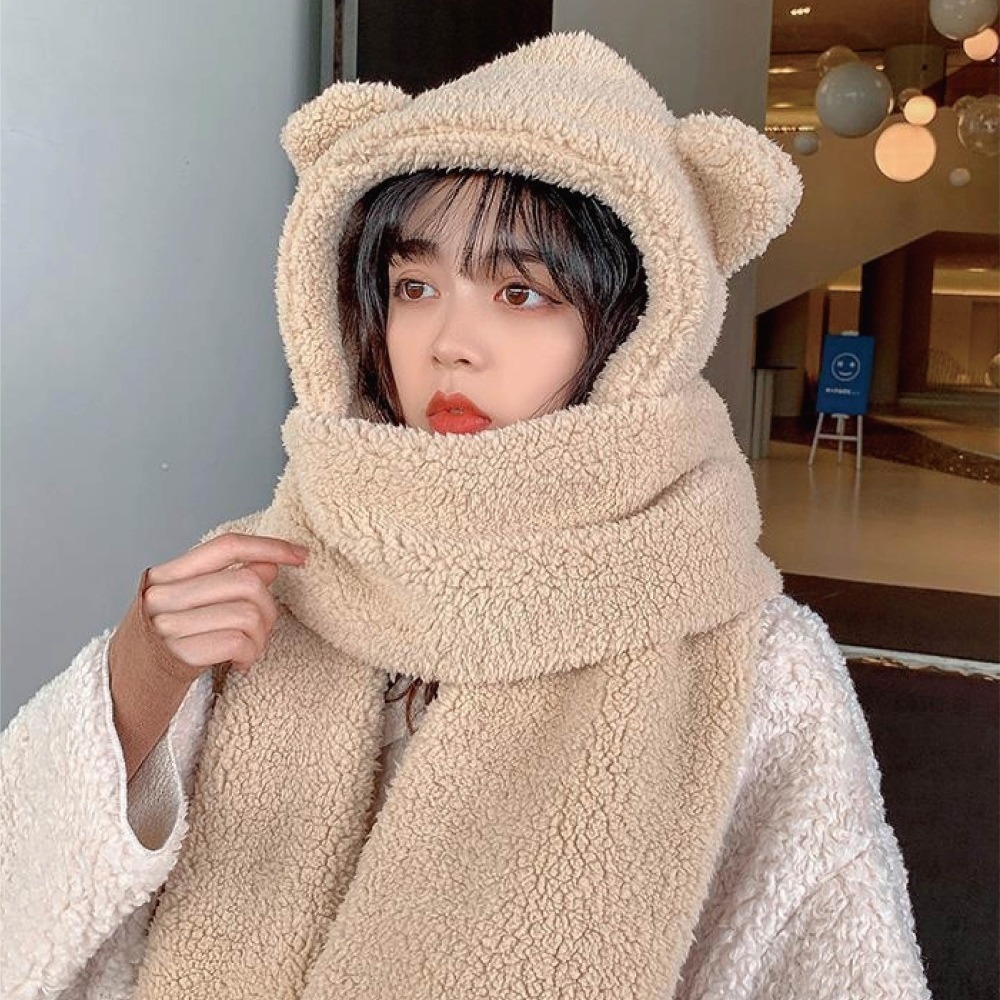 【7-ELEVEN門市團購】【海麗娜】小熊帽子圍巾 圍脖 熊熊圍巾 帽子圍巾手套一體 保暖舒適百搭絨毛圍巾【D97】-細節圖4