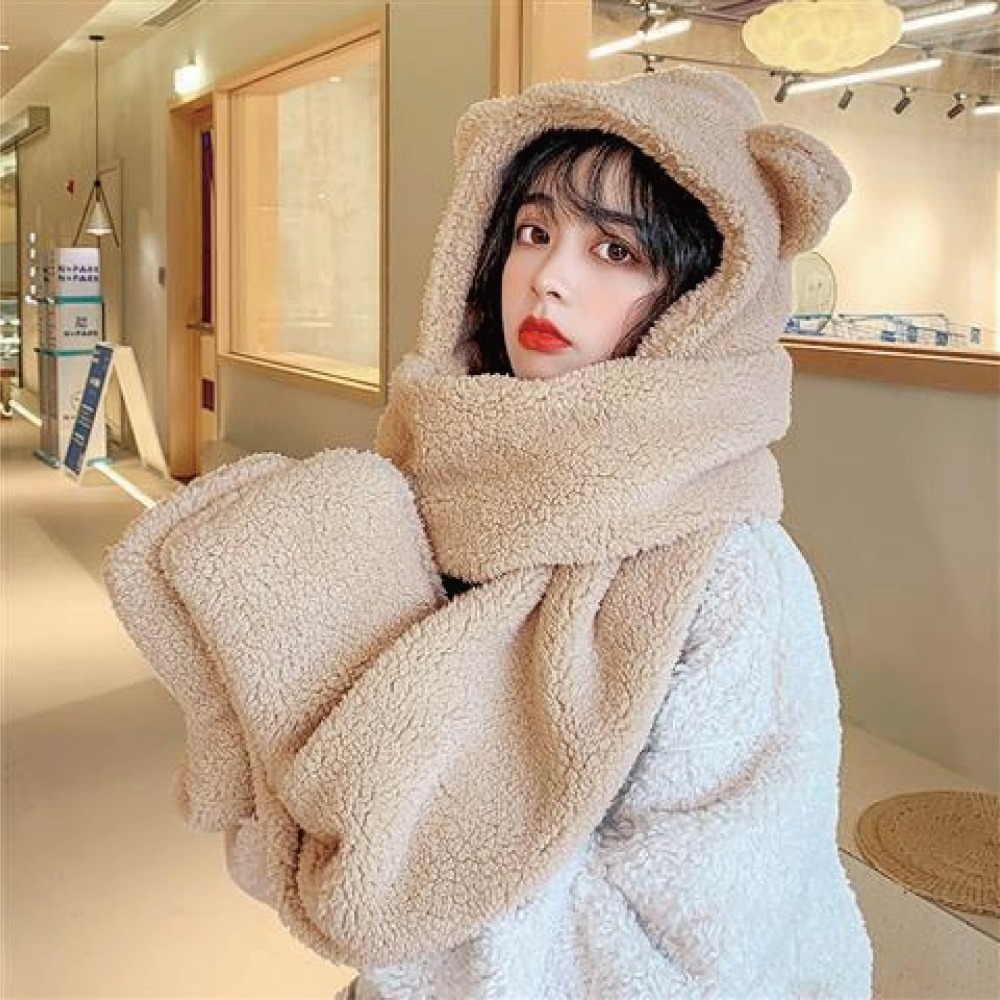 【7-ELEVEN門市團購】【海麗娜】小熊帽子圍巾 圍脖 熊熊圍巾 帽子圍巾手套一體 保暖舒適百搭絨毛圍巾【D97】-細節圖6