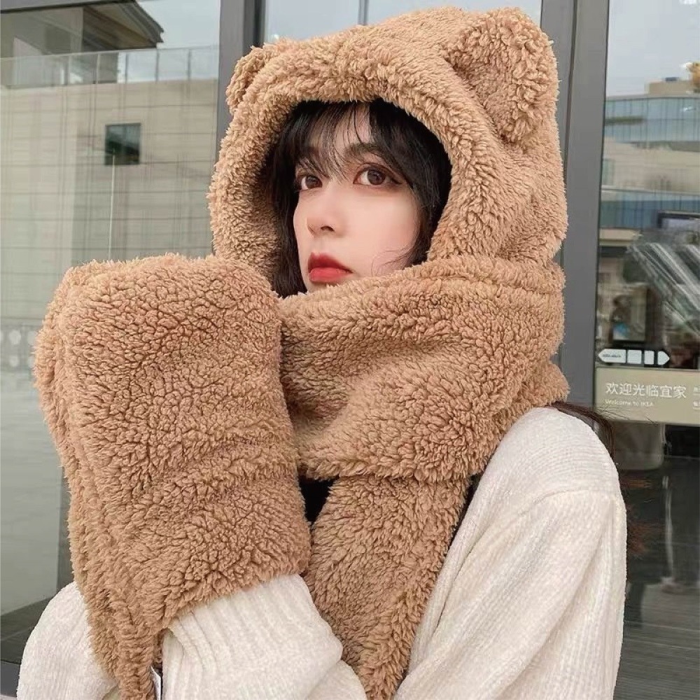 【7-ELEVEN門市團購】【海麗娜】小熊帽子圍巾 圍脖 熊熊圍巾 帽子圍巾手套一體 保暖舒適百搭絨毛圍巾【D97】-細節圖7