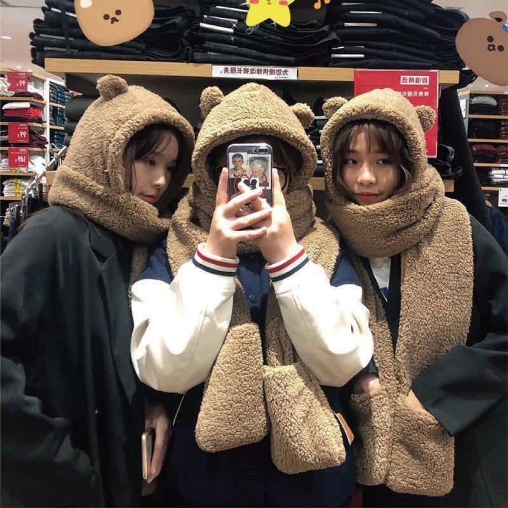 【7-ELEVEN門市團購】【海麗娜】小熊帽子圍巾 圍脖 熊熊圍巾 帽子圍巾手套一體 保暖舒適百搭絨毛圍巾【D97】-細節圖9