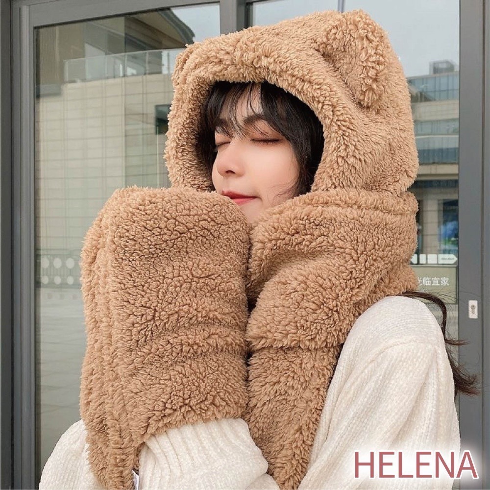 【7-ELEVEN門市團購】【海麗娜】小熊帽子圍巾 圍脖 熊熊圍巾 帽子圍巾手套一體 保暖舒適百搭絨毛圍巾【D97】-細節圖2