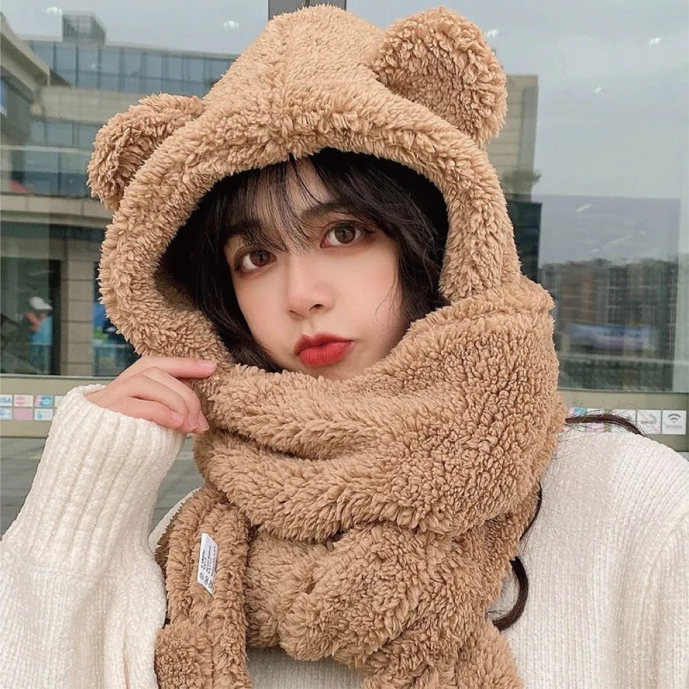 【7-ELEVEN門市團購】【海麗娜】小熊帽子圍巾 圍脖 熊熊圍巾 帽子圍巾手套一體 保暖舒適百搭絨毛圍巾【D97】-細節圖4