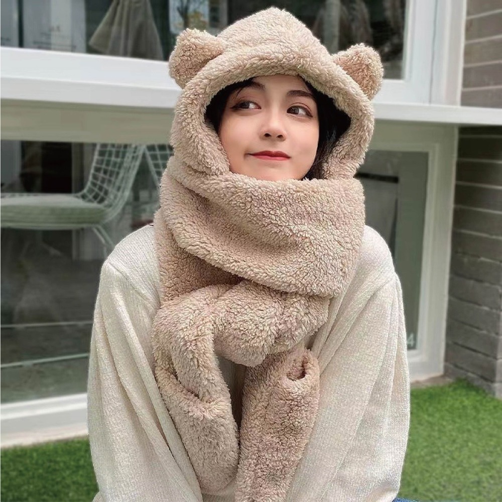 【限時購】【海麗娜】小熊帽子圍巾 圍脖 熊熊圍巾 帽子圍巾手套一體 保暖舒適百搭絨毛圍巾【D97】-細節圖9