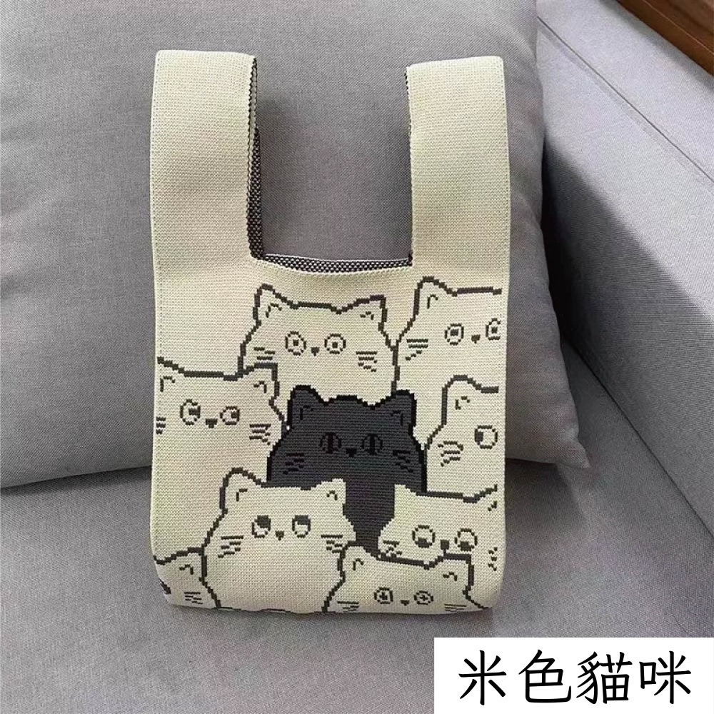 【Helena】針織毛線手提包 購物袋 便當袋 手腕包 印花小包 摺疊收納方便攜帶小提袋 單肩包 女包【D74】-細節圖9