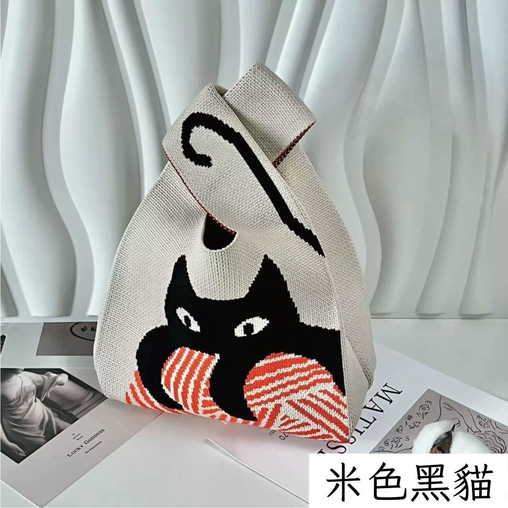 【Helena】針織毛線手提包 購物袋 便當袋 手腕包 印花小包 摺疊收納方便攜帶小提袋 單肩包 女包【D74】-規格圖11