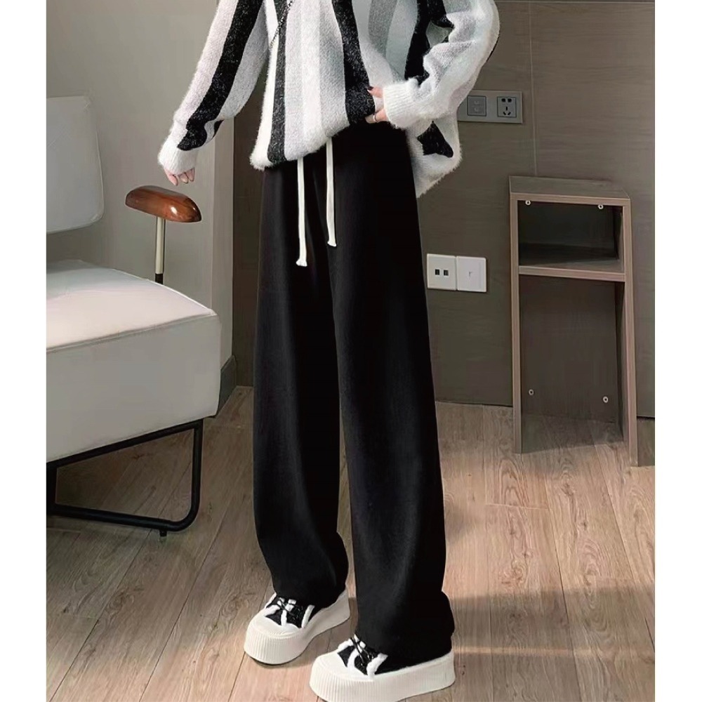 【Helena】加絨軟糯垂感抽繩寬褲 闊腿褲 直筒褲 拖地褲 高腰保暖寬鬆顯瘦休閒褲 褲子女 女裝【C230】-細節圖8
