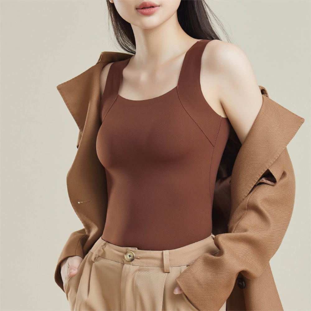 【Helena】保暖無痕寬肩帶背心 免穿文胸 無袖上衣 內衣 帶胸墊修身顯瘦打底衫 無痕美背 上衣女【A2224】-細節圖2