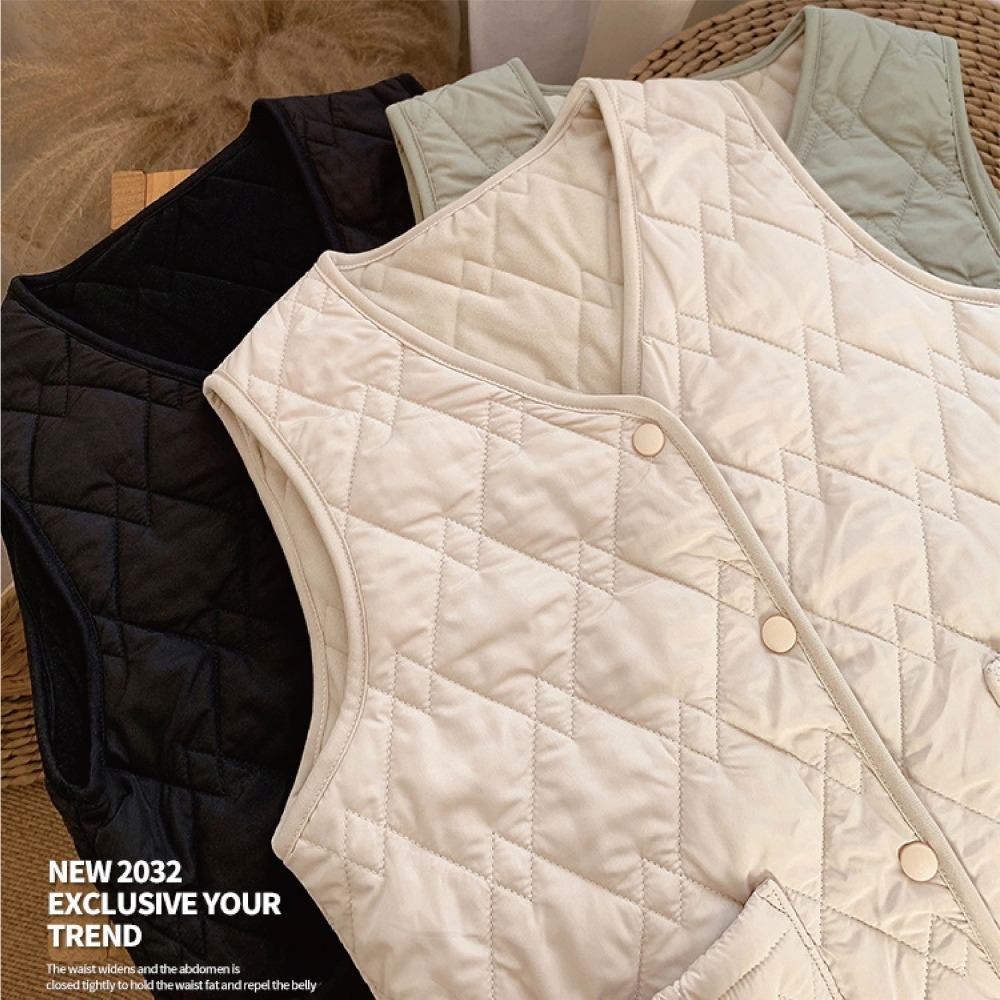 【Helena】菱格羽絨棉馬甲 保暖背心 無袖上衣 V領有口袋休閒外搭背心 棉服 背心女 女裝【A2218】-細節圖8