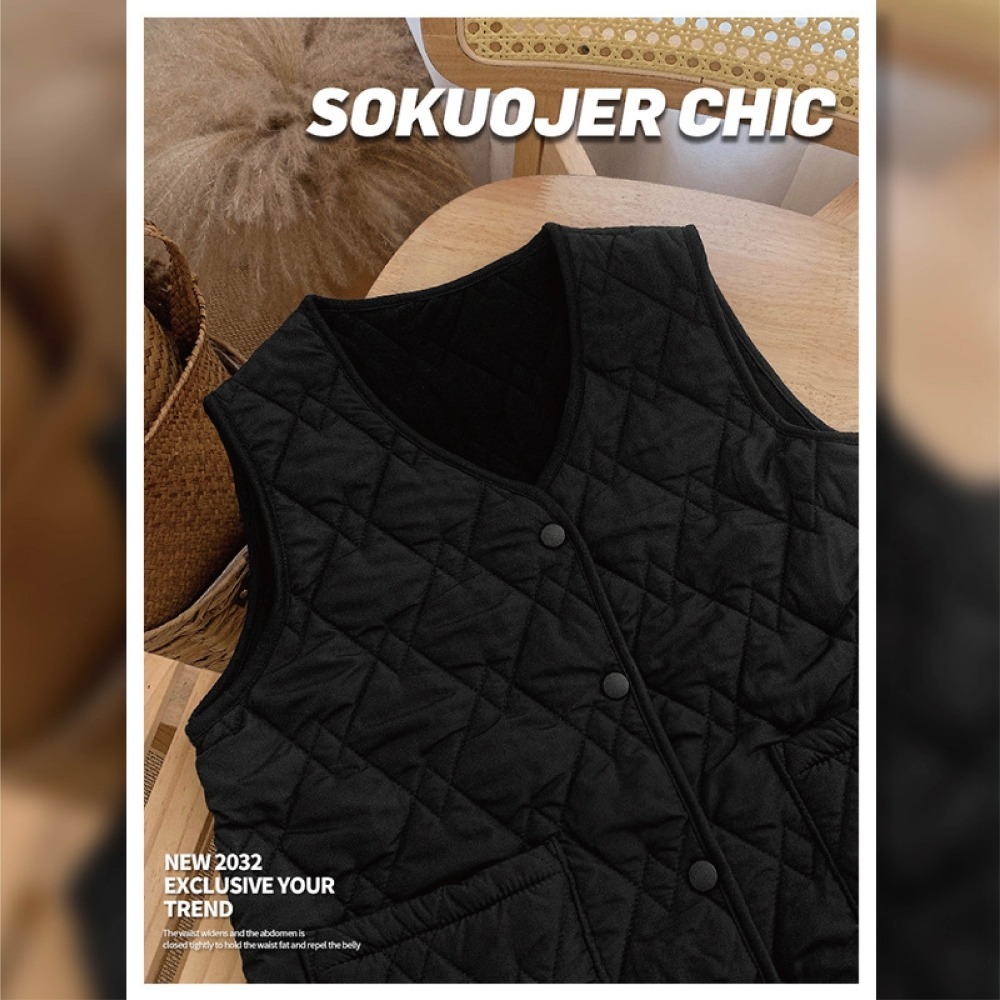 【Helena】菱格羽絨棉馬甲 保暖背心 無袖上衣 V領有口袋休閒外搭背心 棉服 背心女 女裝【A2218】-規格圖9