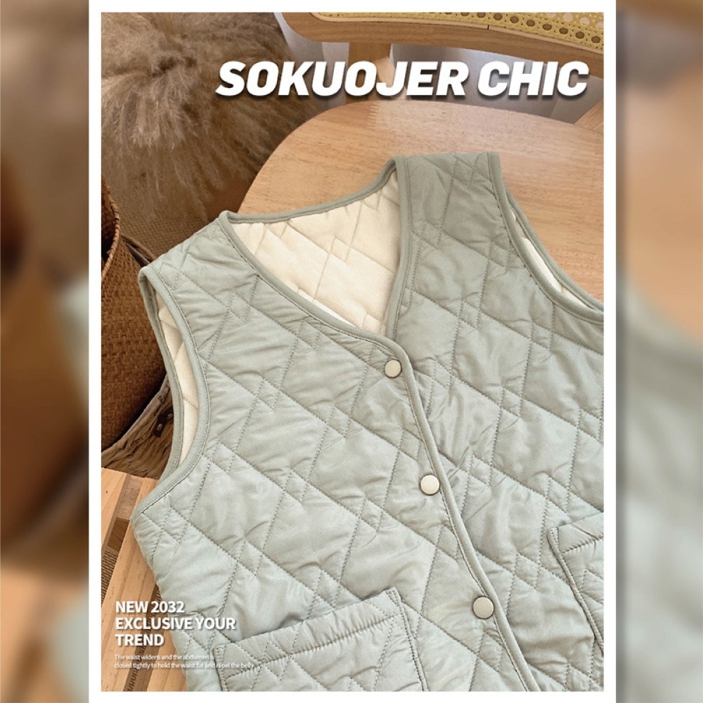 【Helena】菱格羽絨棉馬甲 保暖背心 無袖上衣 V領有口袋休閒外搭背心 棉服 背心女 女裝【A2218】-規格圖9