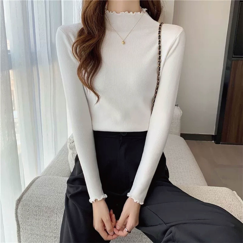 【Helena】木耳邊針織上衣 半高領針織衫 毛衣 內搭 修身薄款打底衫 秋冬季  上衣女 女裝【A2233】-細節圖6