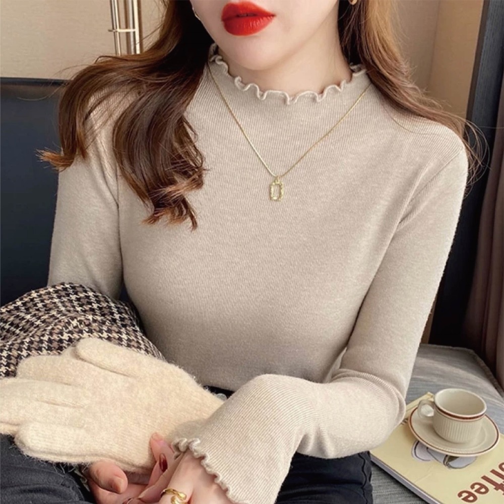 【Helena】木耳邊針織上衣 半高領針織衫 毛衣 內搭 修身薄款打底衫 秋冬季  上衣女 女裝【A2233】-細節圖7