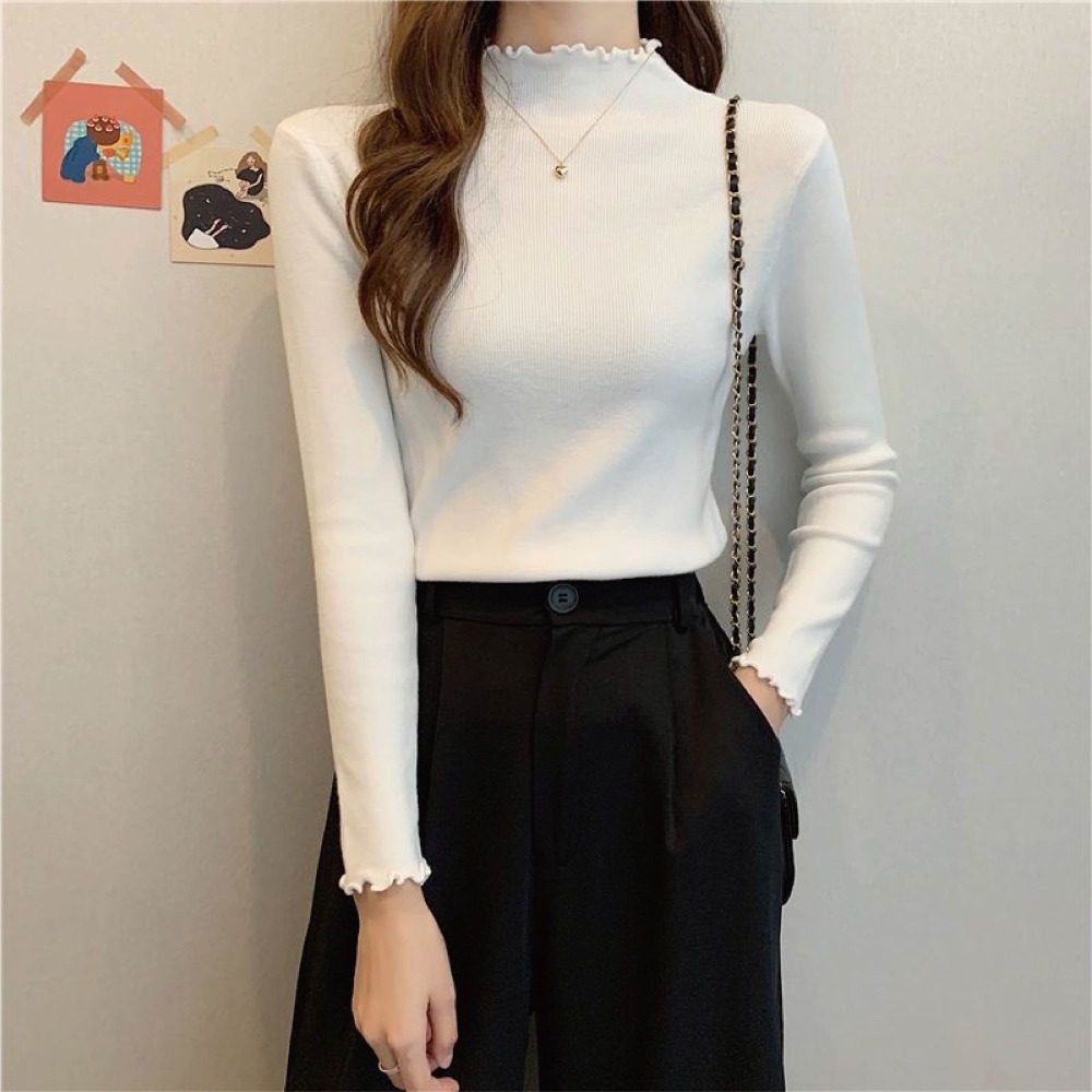 【Helena】木耳邊針織上衣 半高領針織衫 毛衣 內搭 修身薄款打底衫 秋冬季  上衣女 女裝【A2233】-細節圖9