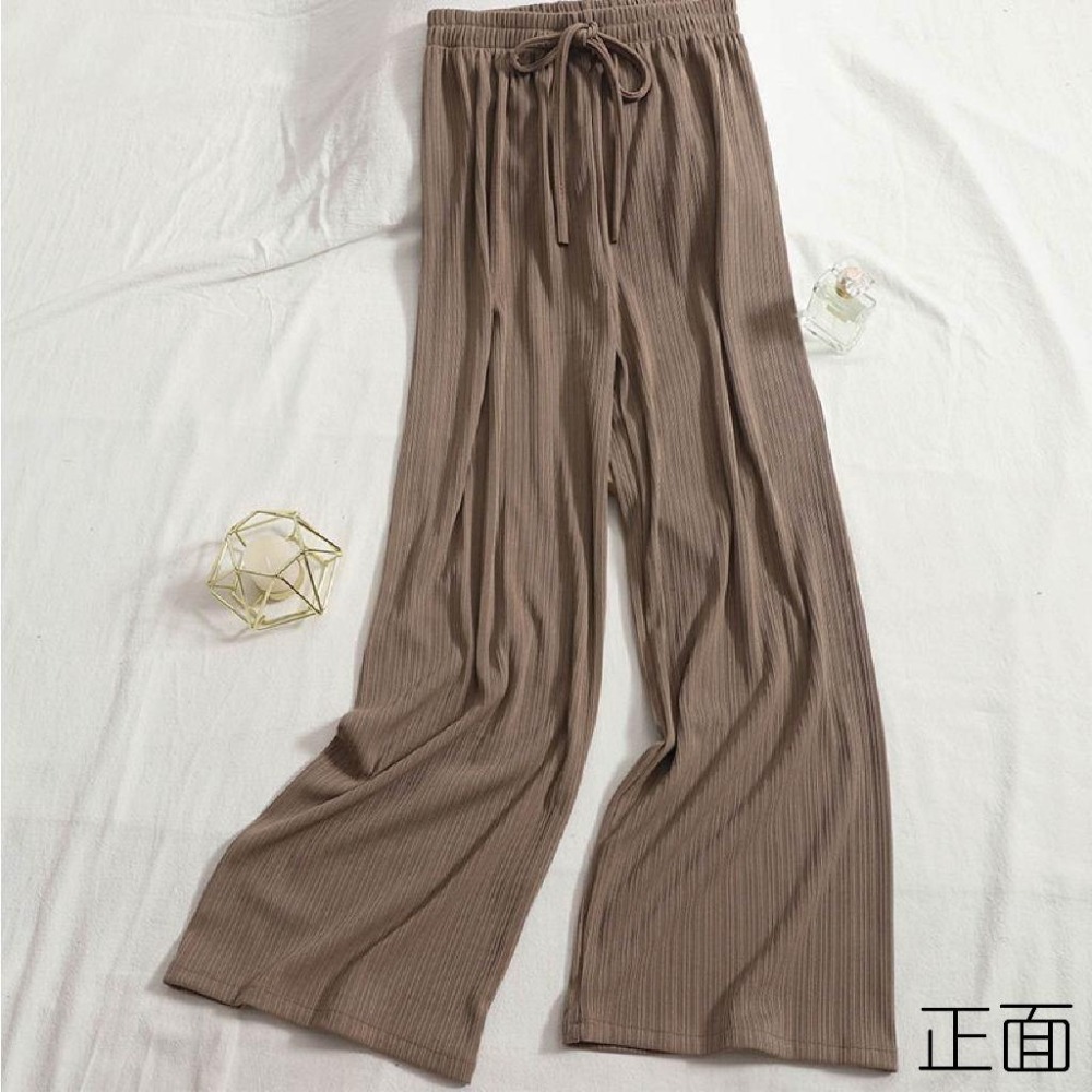 【海麗娜】冰絲高腰闊腿褲 薄款鬆緊腰寬褲 垂墜感顯瘦直筒寬鬆涼感韓版大尺碼休閒褲 長褲女【C1241】-細節圖3