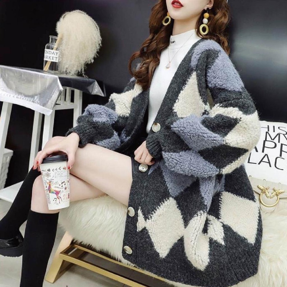 【海麗娜】格紋針織外套 毛衣外套 長袖開衫衣 復古慵懶風韓版寬鬆顯瘦休閒百搭針織衫 外套女【A2109】-細節圖2