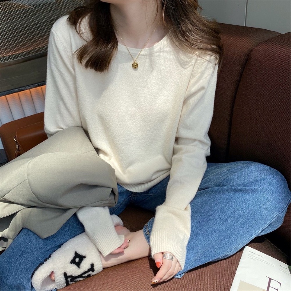 【海麗娜】圓領仿羊絨長袖打底衫 針織上衣 毛衣 t恤 薄款羊毛寬鬆素色長袖包心紗針織衫 上衣女【A2188】-規格圖9