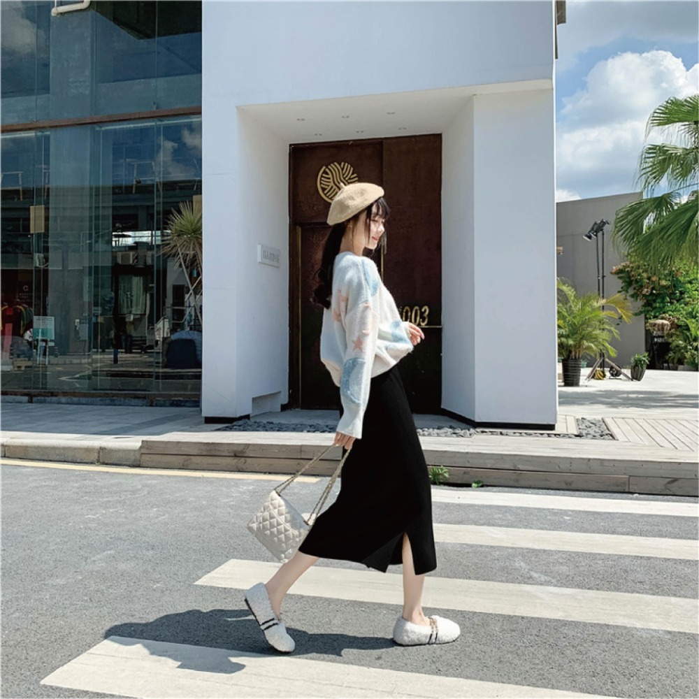 【海麗娜】韓版開叉高腰針織半身裙 坑條紋針織裙 中長版半身裙 裙子 顯瘦氣質高彈包芯纱修身包臀長裙【C20】-規格圖9