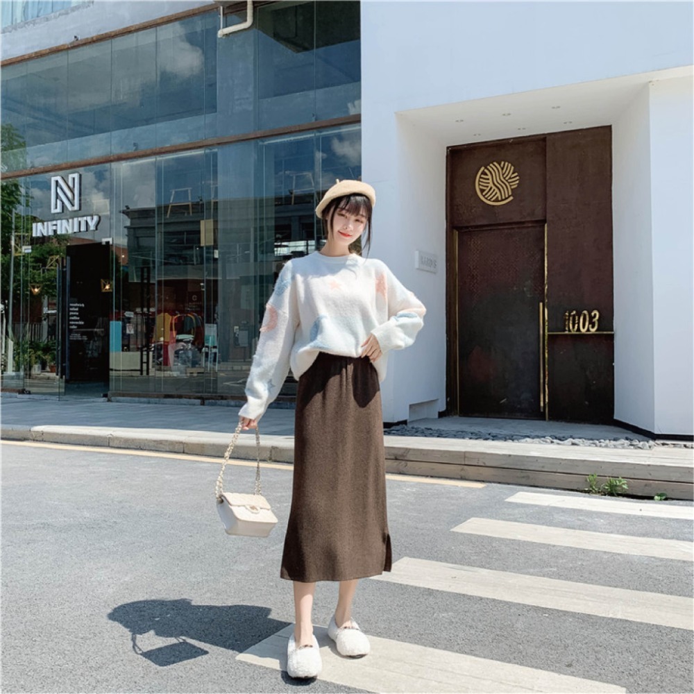 【海麗娜】韓版開叉高腰針織半身裙 坑條紋針織裙 中長版半身裙 裙子 顯瘦氣質高彈包芯纱修身包臀長裙【C20】-規格圖9