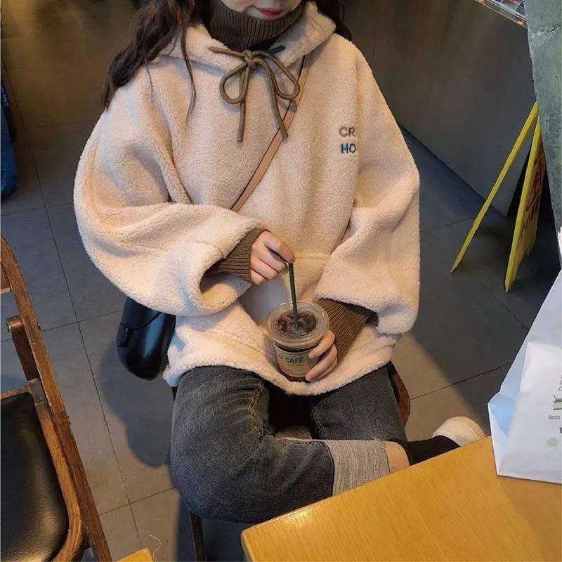 【海麗娜】羊羔毛套頭衛衣 毛衣 連帽大學T 假兩件上衣 長袖上衣 毛茸茸韓版加絨寬鬆簡約百搭上衣【A2132】-細節圖2