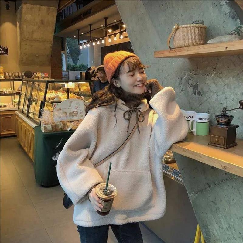 【海麗娜】羊羔毛套頭衛衣 毛衣 連帽大學T 假兩件上衣 長袖上衣 毛茸茸韓版加絨寬鬆簡約百搭上衣【A2132】-細節圖4