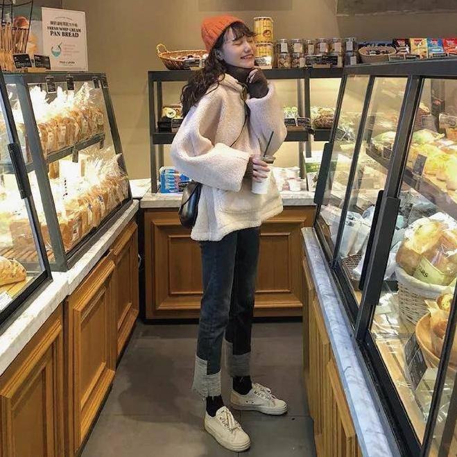 【海麗娜】羊羔毛套頭衛衣 毛衣 連帽大學T 假兩件上衣 長袖上衣 毛茸茸韓版加絨寬鬆簡約百搭上衣【A2132】-細節圖5